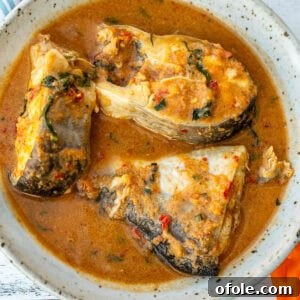 A bowl with three steaks of catfish in pepper soup.
