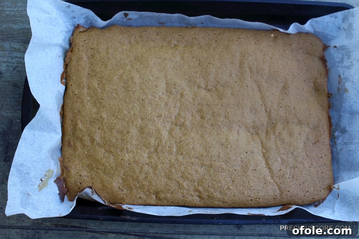 Spiced Pumpkin Swirl Cake 12 A freshly baked pumpkin cake, golden and lightly risen, emerging from the oven, ready for the next crucial step of rolling.