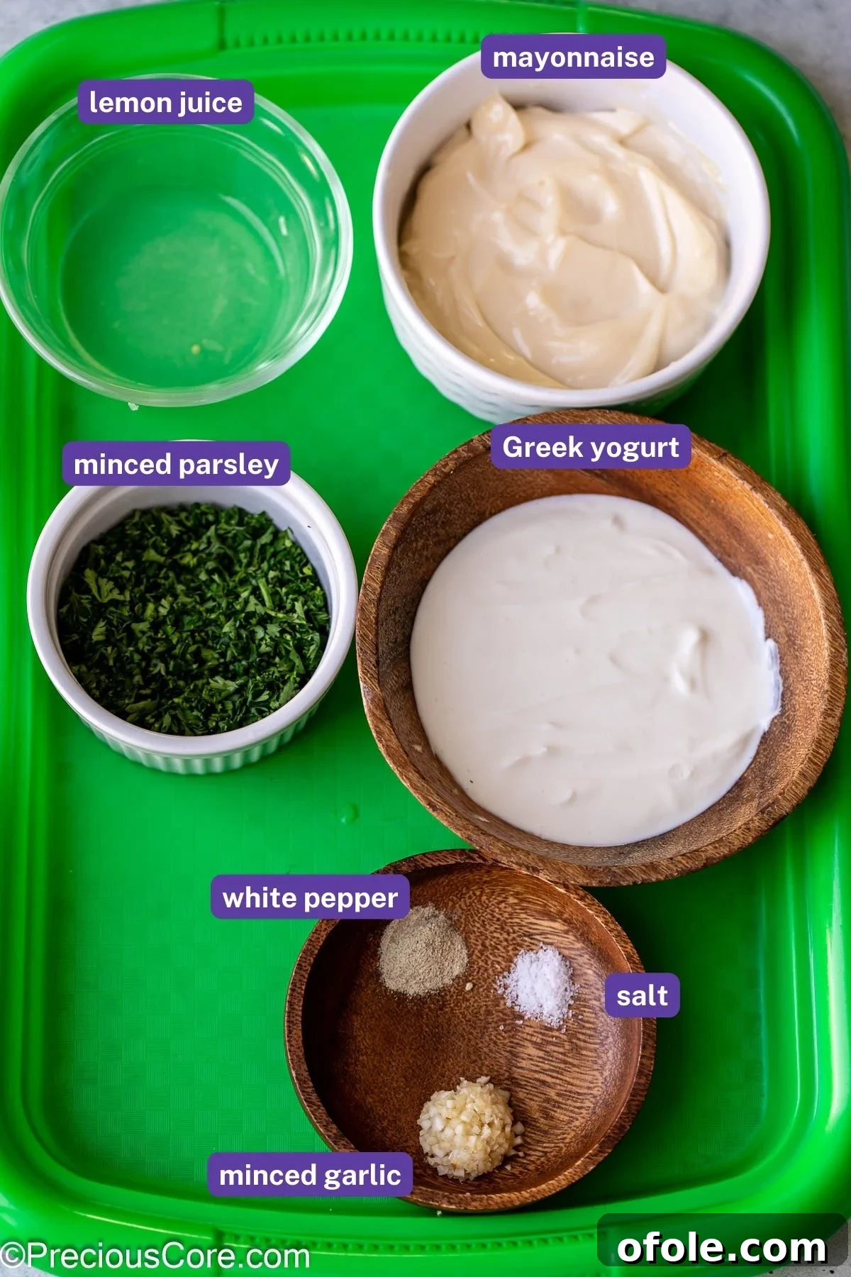 Authentic Shawarma Sauce 3 Ingredients needed for shawarma sauce, beautifully arranged on a white surface.