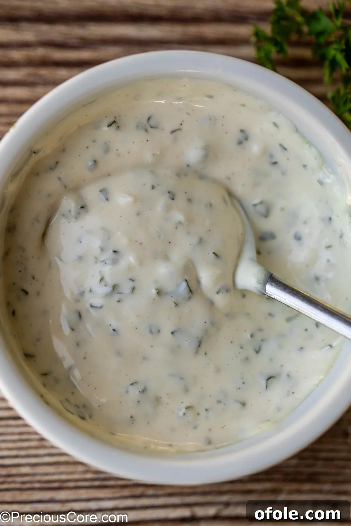 Authentic Shawarma Sauce 5 Spoon dipping into a bowl of fresh, creamy shawarma sauce.