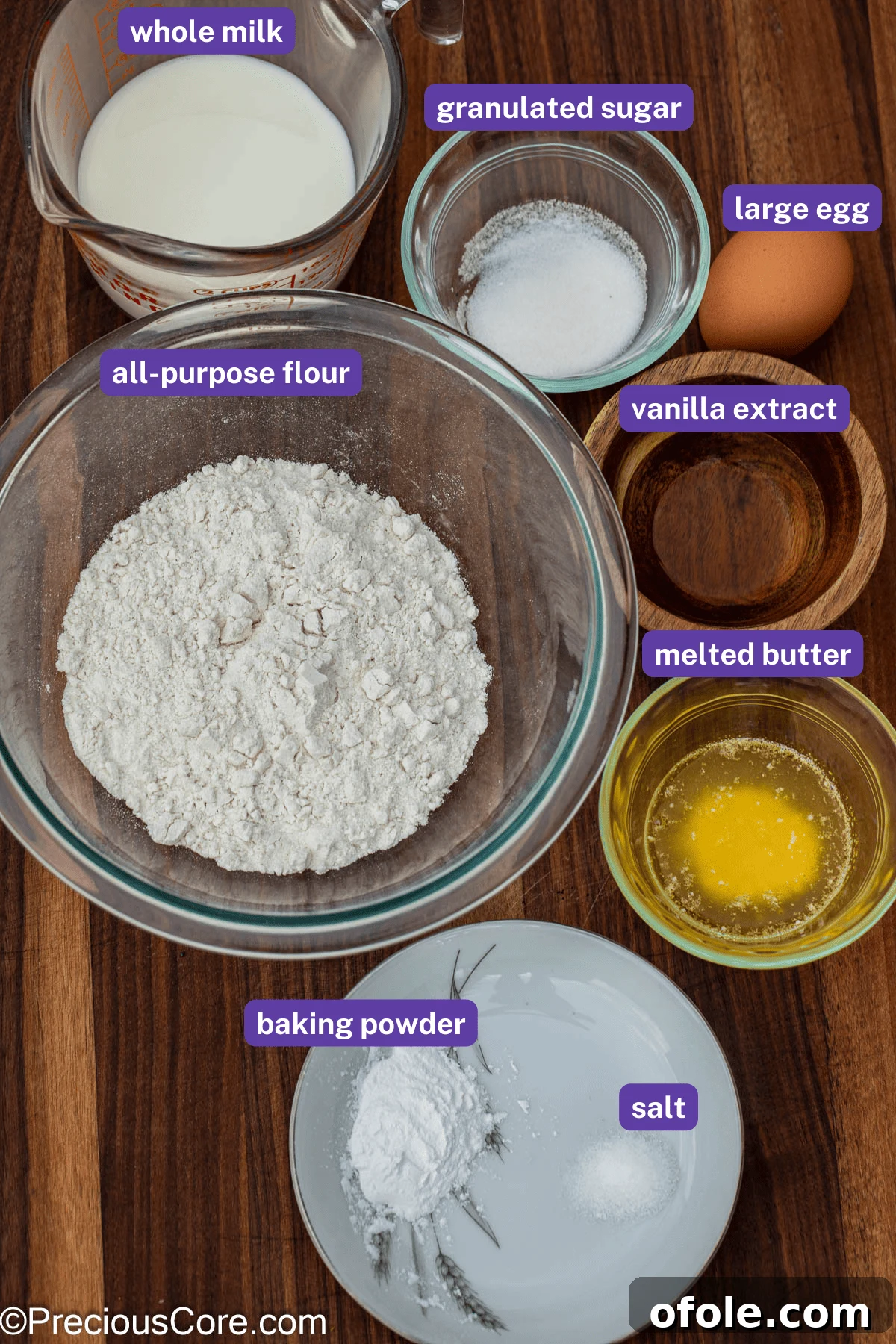 Sweetheart Flapjacks 3 A collection of essential pancake ingredients laid out, including flour, milk, butter, eggs, and baking powder, each clearly labeled.