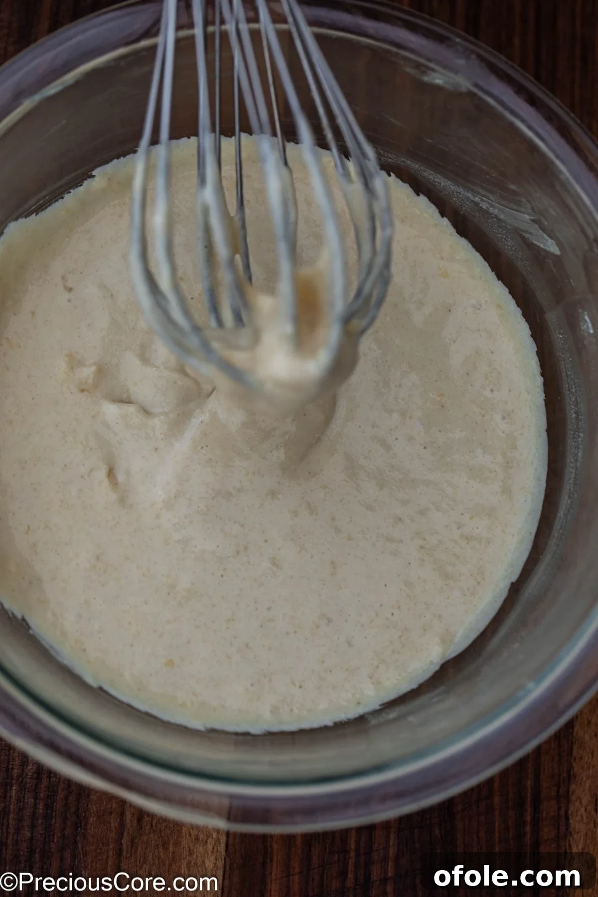 Sweetheart Flapjacks 4 Pancake batter prepared and ready in a pristine mixing bowl, showcasing its smooth, consistent texture.