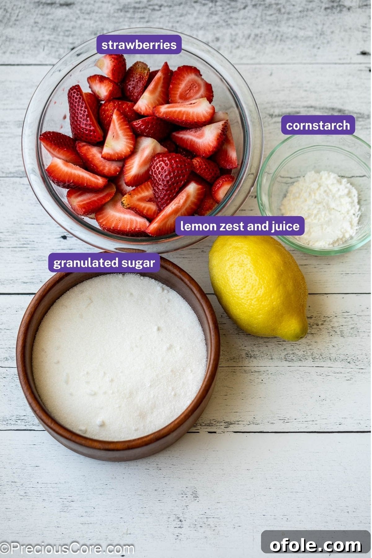 Luscious Strawberry Cinnamon Rolls 5 Ingredients needed for a homemade strawberry compote: fresh strawberries, sugar, and a lemon.