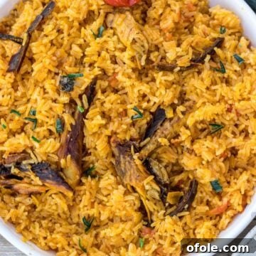Close up of Cameroonian Njanga Rice, showcasing its rich reddish-orange color and a sprinkle of chopped herbs.