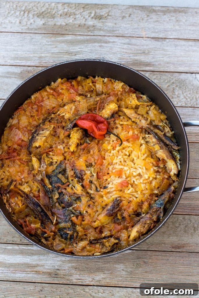 Flavorful Njanga Shrimp Rice 8 Freshly cooked Palm Oil Jollof Rice steaming gently in a pot, showcasing its fluffy texture and rich color.