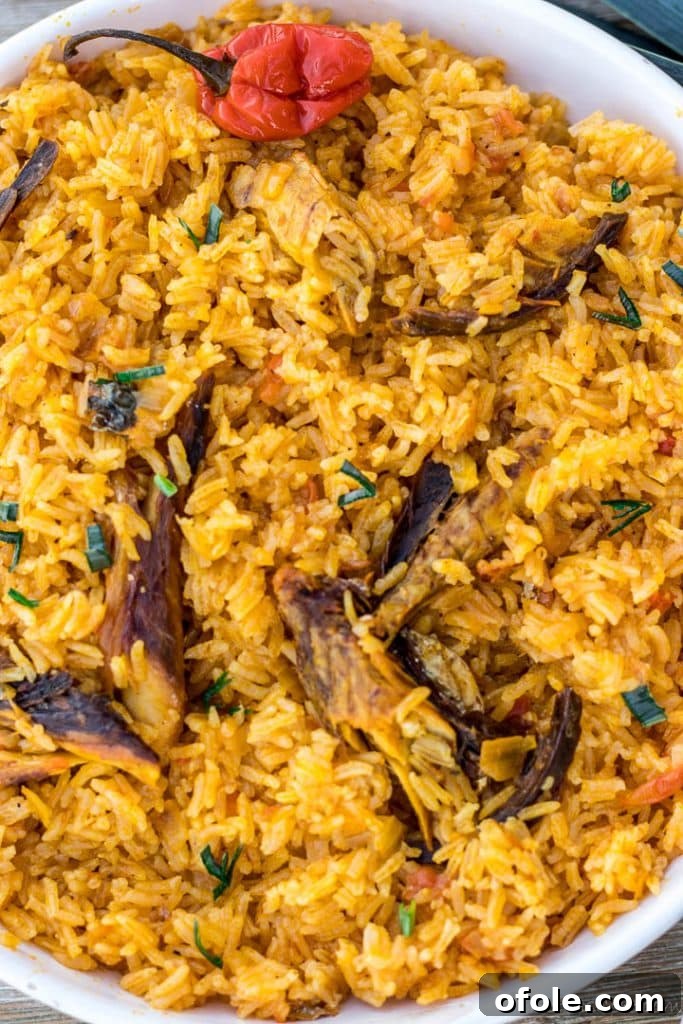 A bowl of native jollof rice, showcasing its hearty texture and garnishes.