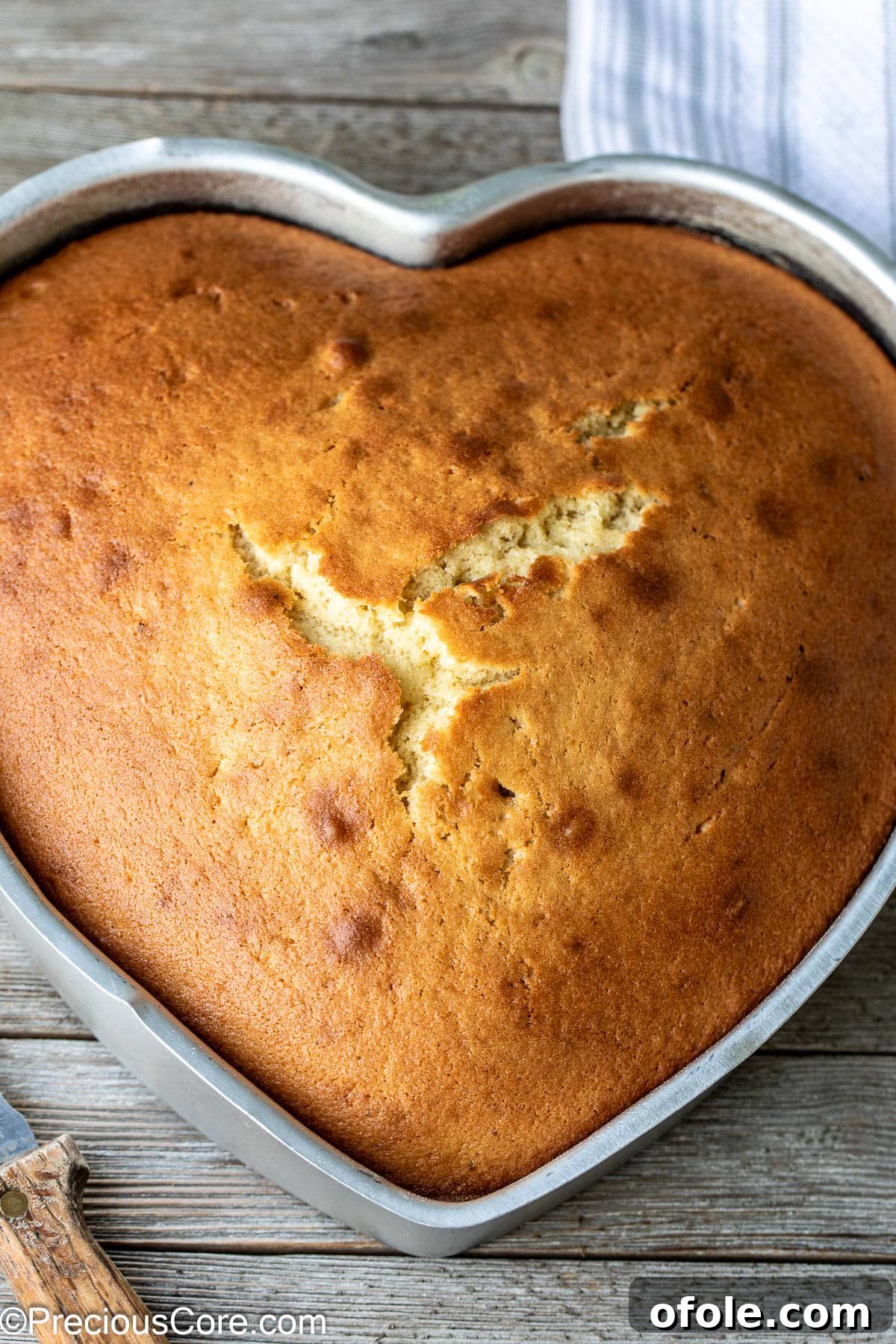 Effortless Everyday Cake 11 A heart-shaped plain cake, still warm and golden in its baking pan, showing its perfect rise.