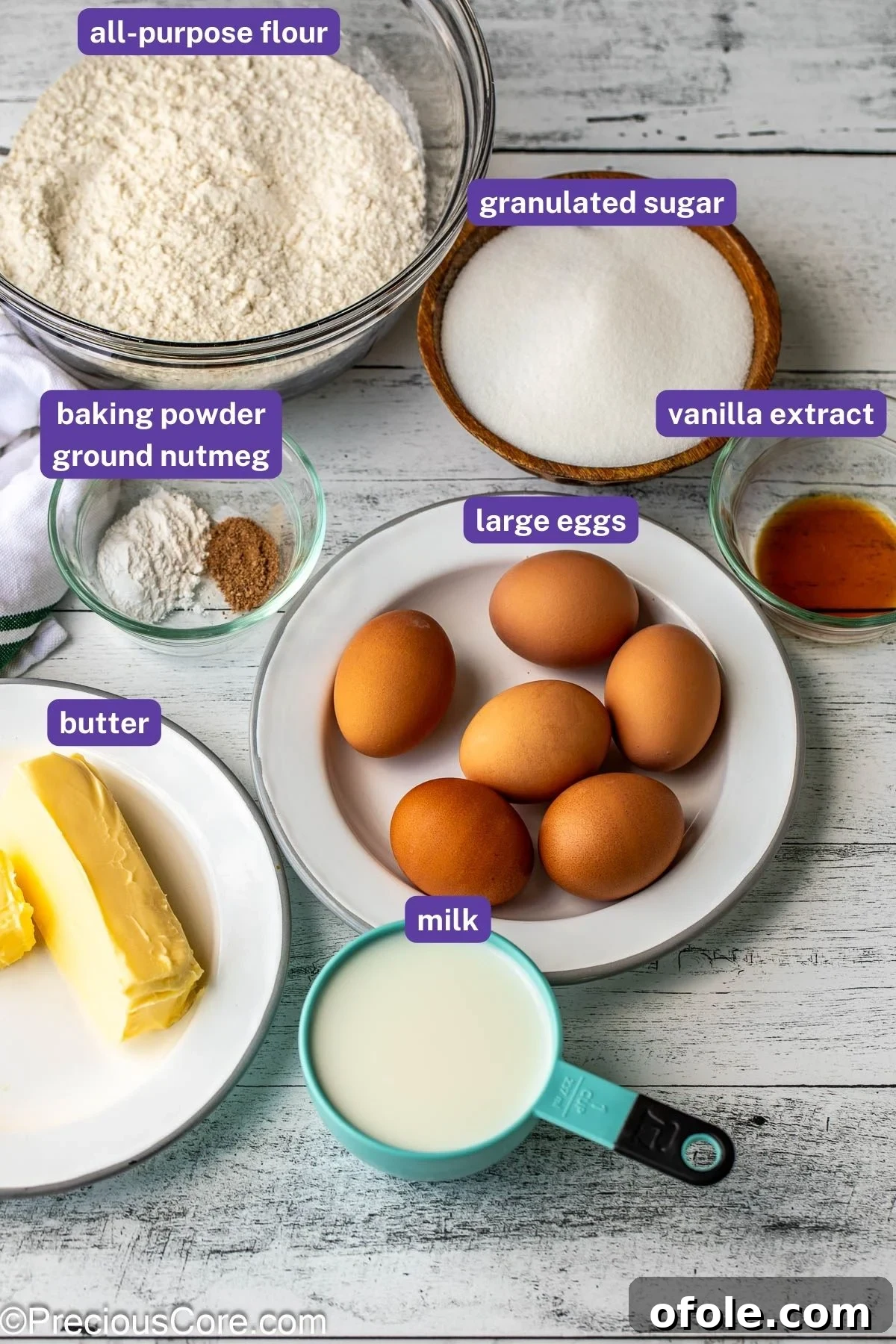 Effortless Everyday Cake 4 All the necessary ingredients for the plain cake recipe laid out, with clear labels for each item.