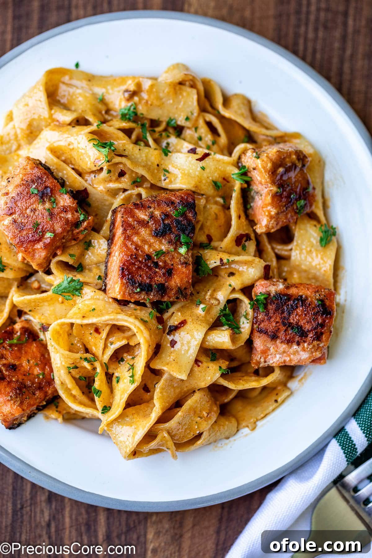 Spicy Cajun Salmon Pasta 2 Plated Cajun Pasta With Salmon, garnished with fresh herbs.