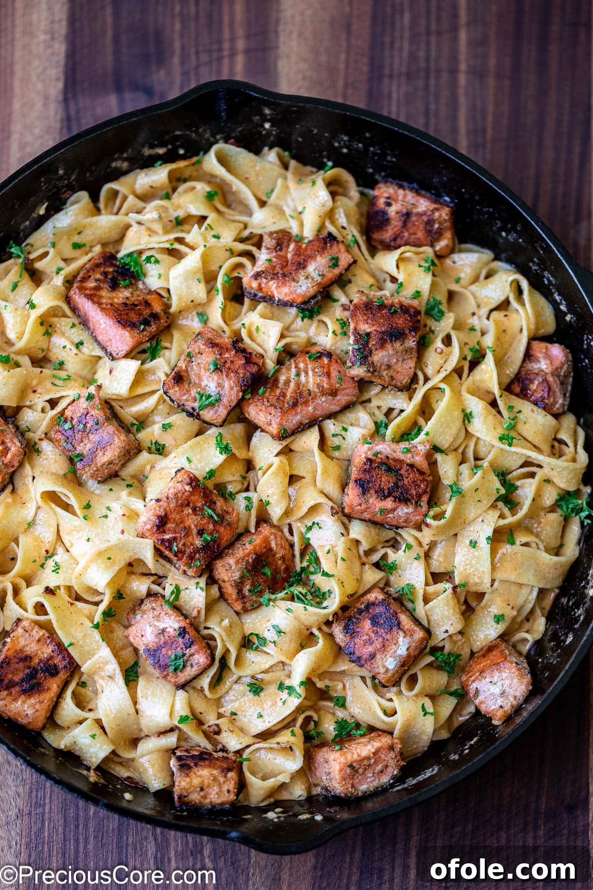 Spicy Cajun Salmon Pasta 11 Cajun pasta with salmon pieces added and mixed in.