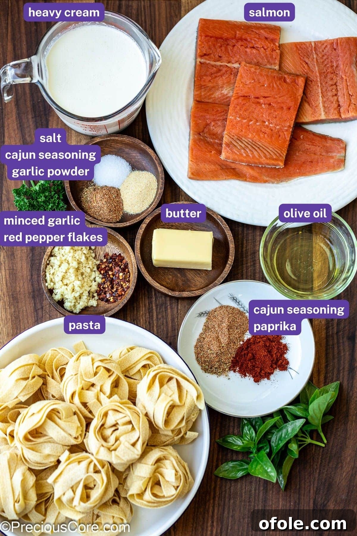Spicy Cajun Salmon Pasta 4 Ingredients laid out for Cajun Pasta With Salmon.