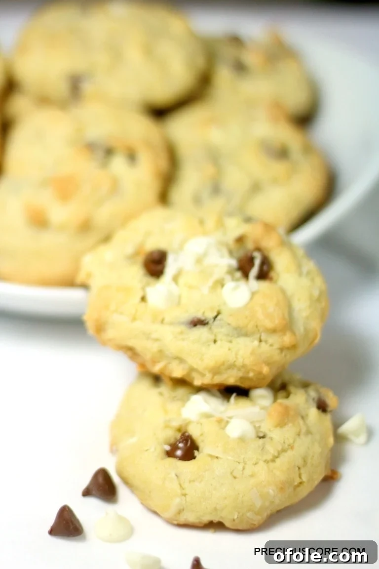 Tropical Coconut Chocolate Chip Cookies 2 Stack of two coconut chocolate chip cookies.