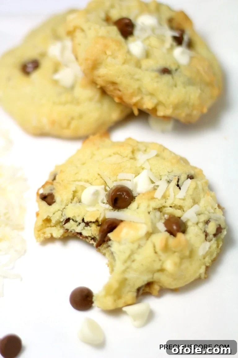 Tropical Coconut Chocolate Chip Cookies 8 Coconut chocolate chip cookie missing a bite.