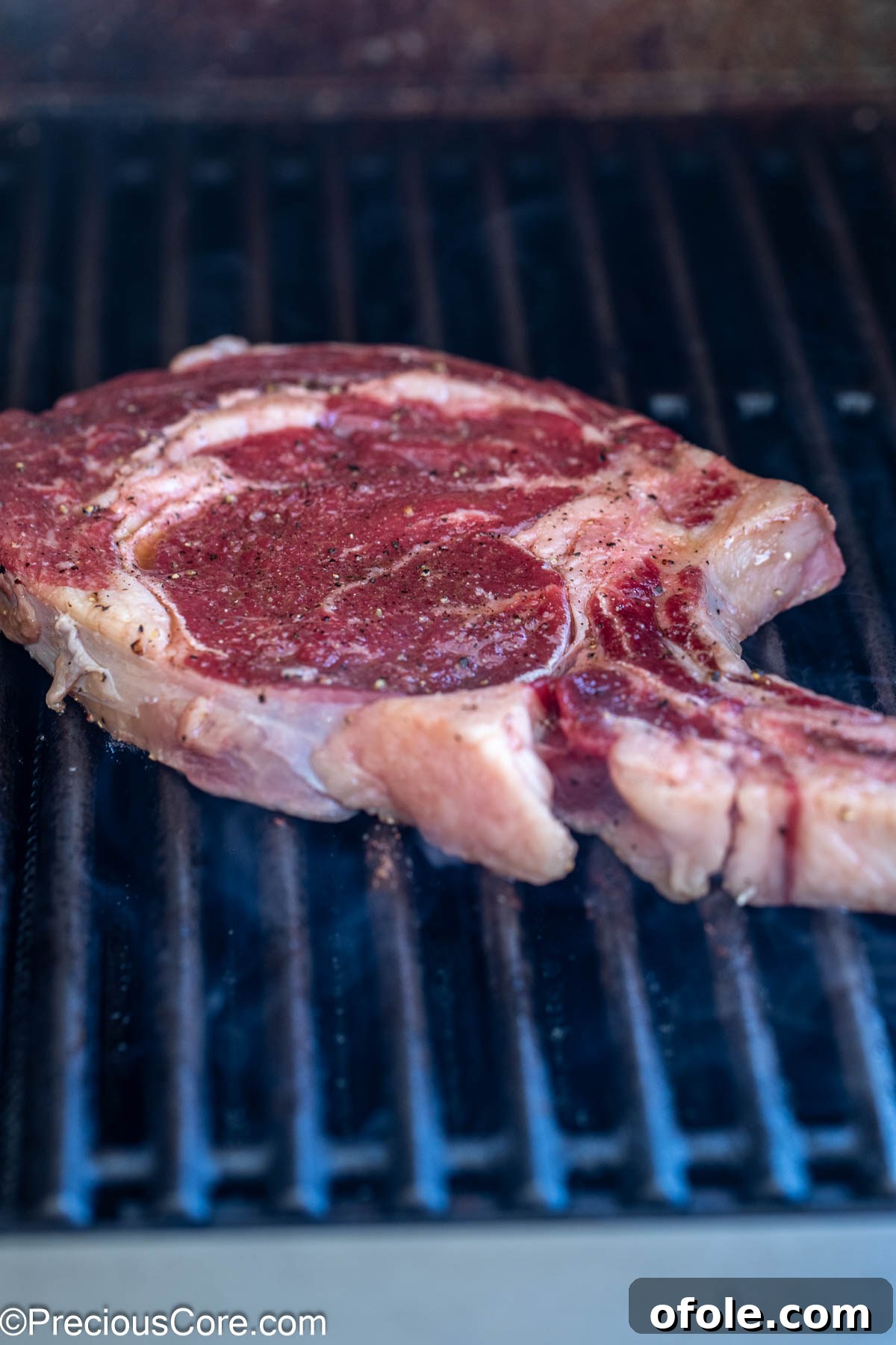 Prime Bone-In Ribeye 6 Grilling steak on outside grill.