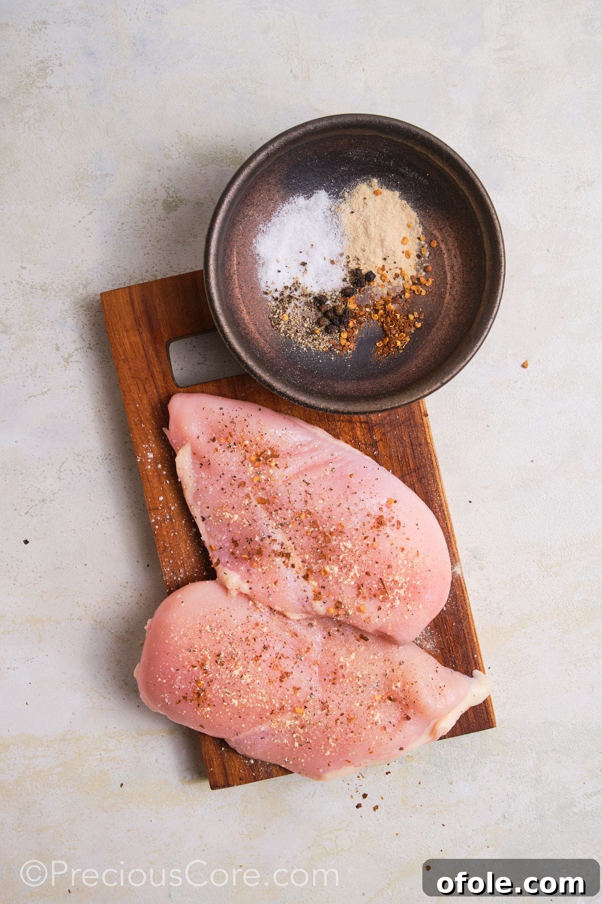 Creamy Chicken Sensation 7 Seasoning chicken breasts on a chopping board.