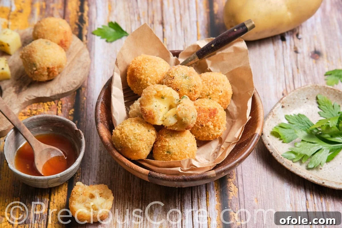 An overhead shot of a bowl brimming with cheesy potato balls, showcasing their perfect golden hue.