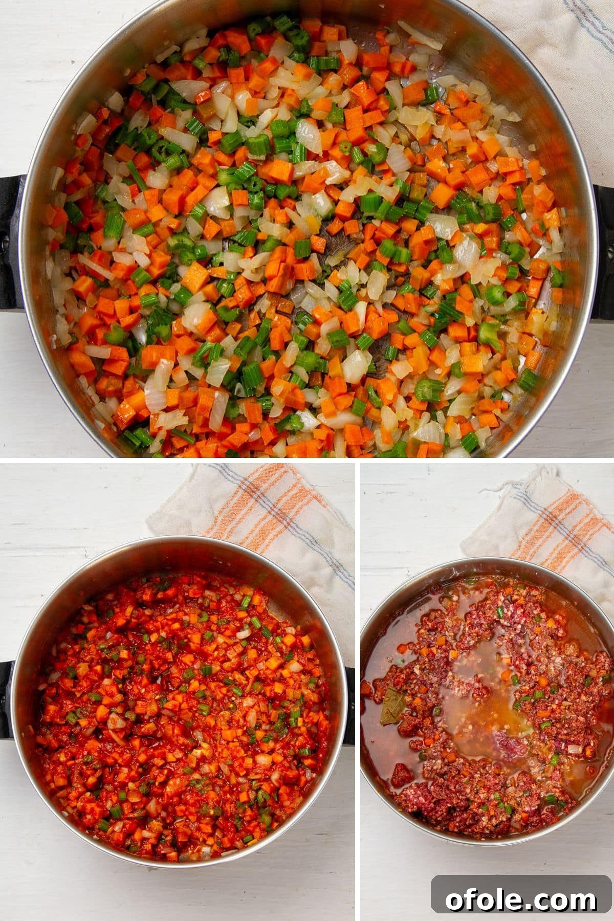 Creamy Béchamel Lasagna 11 A three-panel collage demonstrating the step-by-step process of making Bolognese sauce: sautéing vegetables, browning ground beef, and simmering the sauce to perfection.