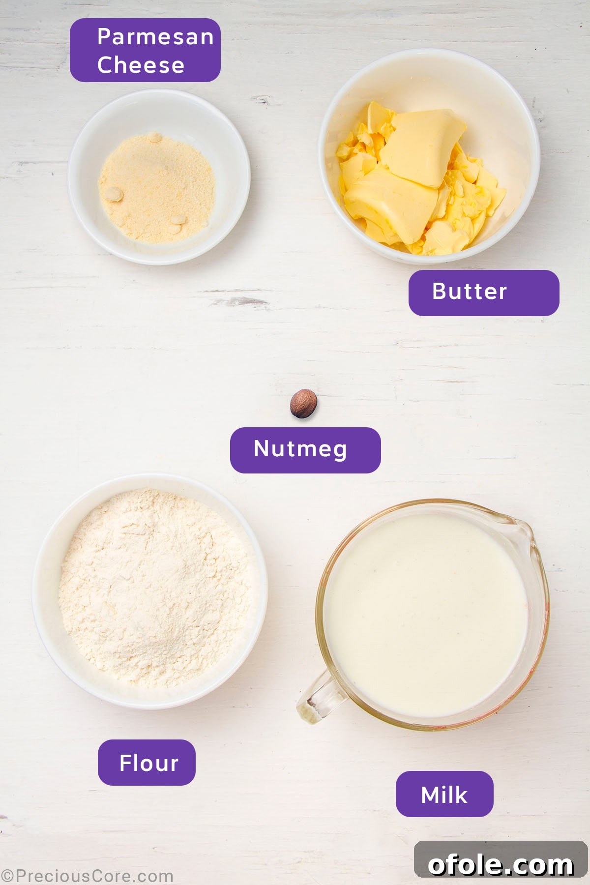 Creamy Béchamel Lasagna 4 A vibrant flat lay of all the fresh and essential ingredients required to make a perfect béchamel sauce, including butter, flour, whole milk, a bowl of grated Parmesan cheese, and a whole nutmeg.