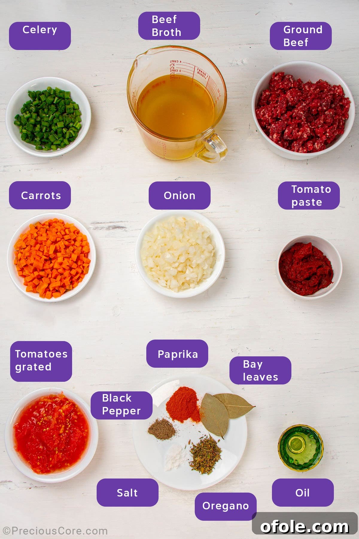 Creamy Béchamel Lasagna 5 A clear overhead shot displaying all the fresh ingredients needed for a rich Bolognese sauce, including finely chopped carrots, celery, onions, ground beef, grated tomatoes, tomato paste, and a selection of herbs and spices.