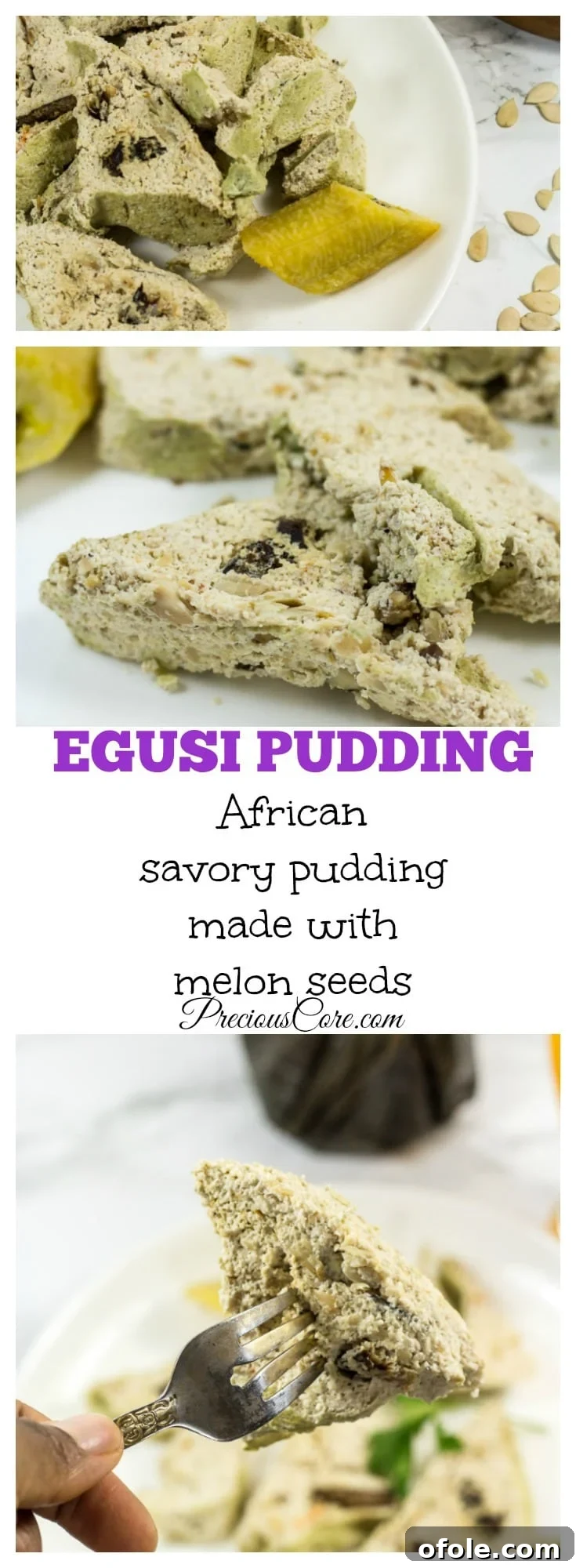 Final presentation of cooked Egusi Pudding, unwrapped and showcasing its appealing texture and rich color, ready to be served and enjoyed