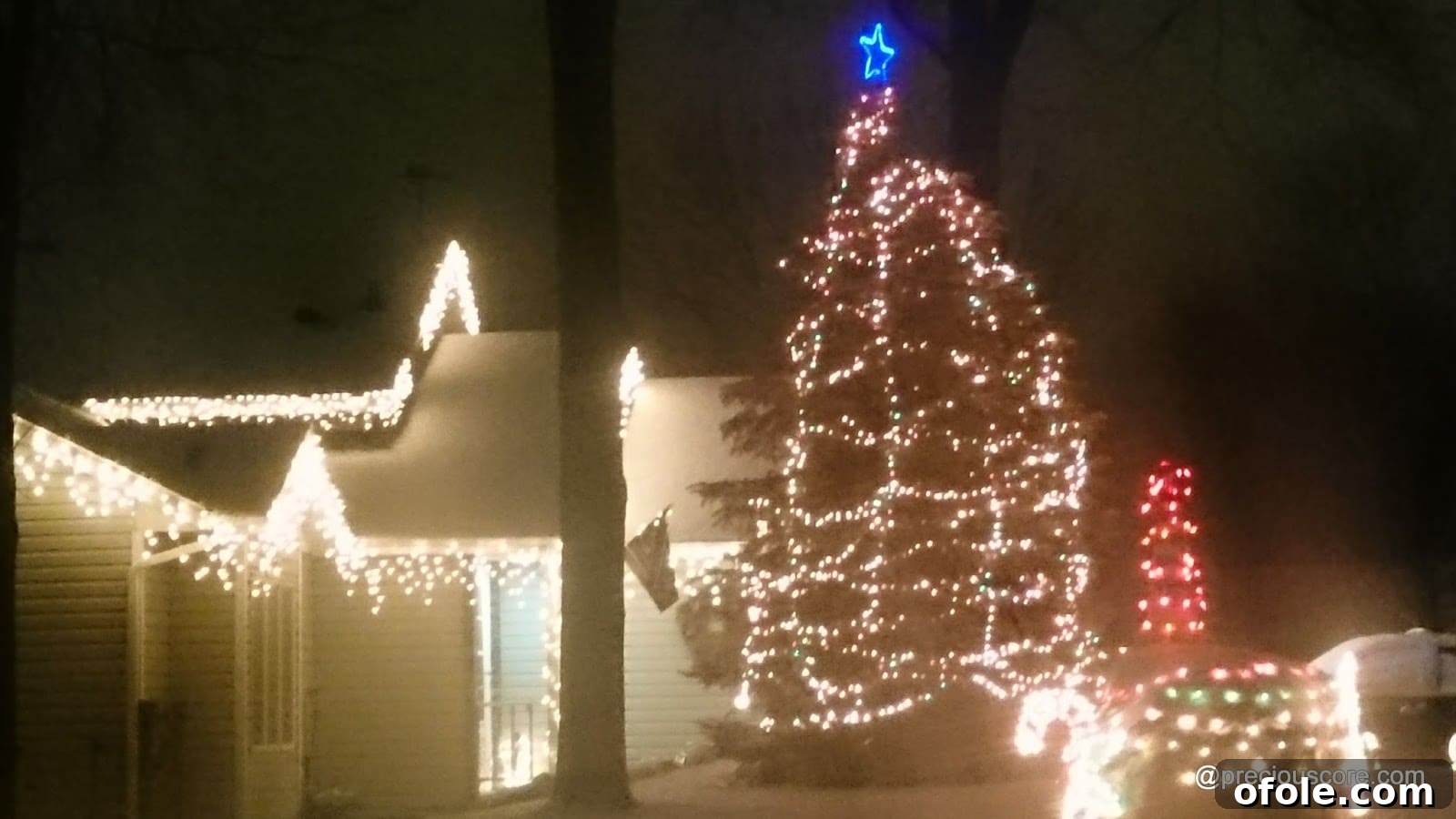 Close-up of festive outdoor Christmas lights and decor
