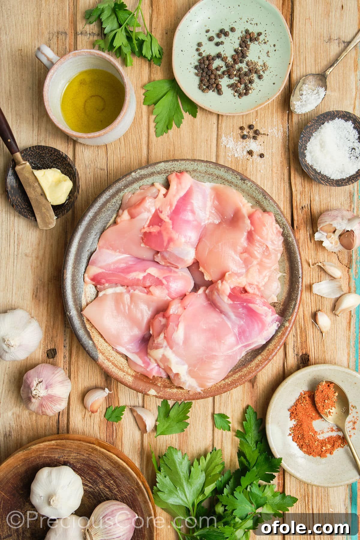 Juicy Skillet Chicken Thighs 8 A flat lay of all ingredients needed for Pan Seared Boneless Chicken Thighs, neatly arranged.