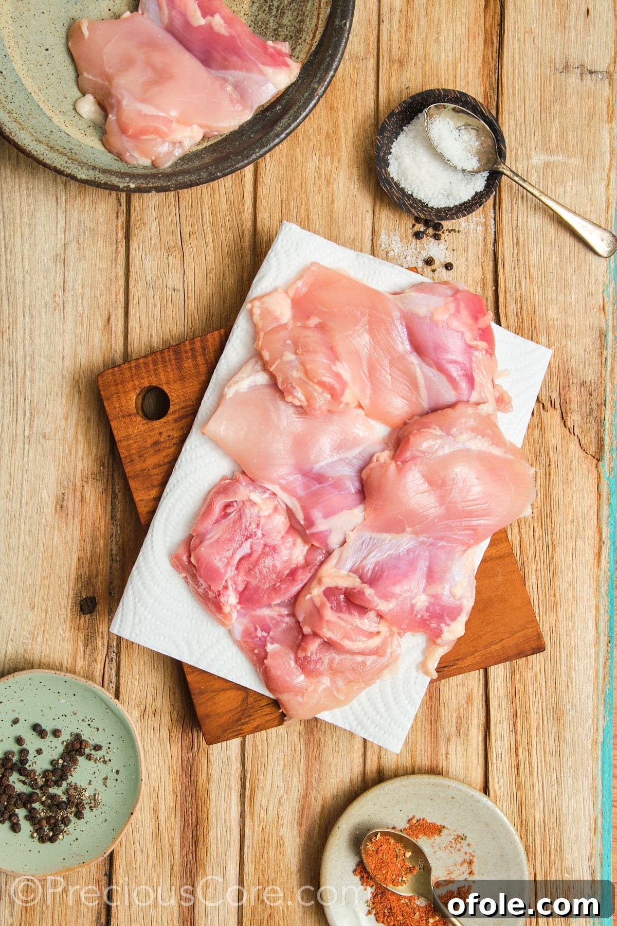 Juicy Skillet Chicken Thighs 10 A hand gently patting chicken thighs dry with paper towels on a cutting board.