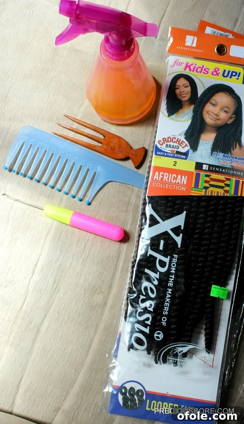 Essential crochet braids supplies including hair extensions, a latch hook, detangling spray, and various combs
