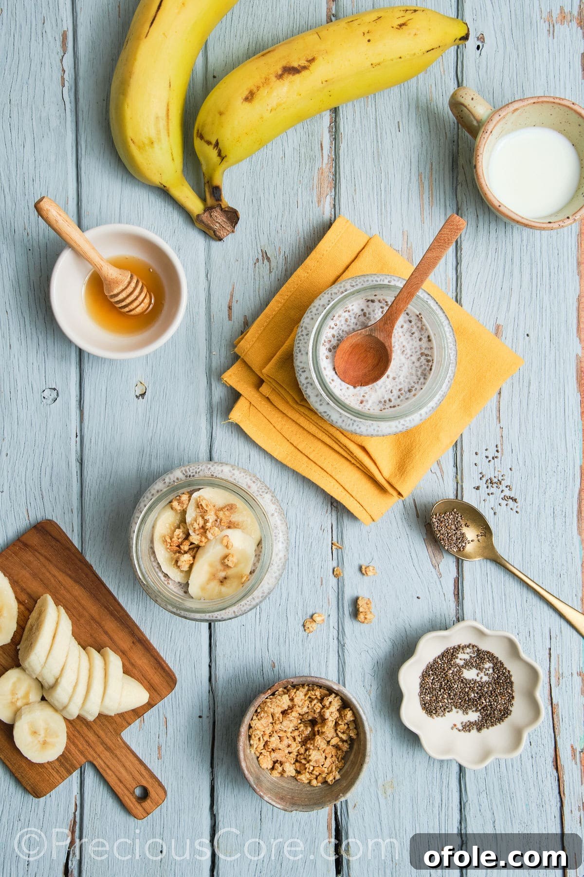 Finished banana chia seed pudding topped with fresh banana slices and walnuts.