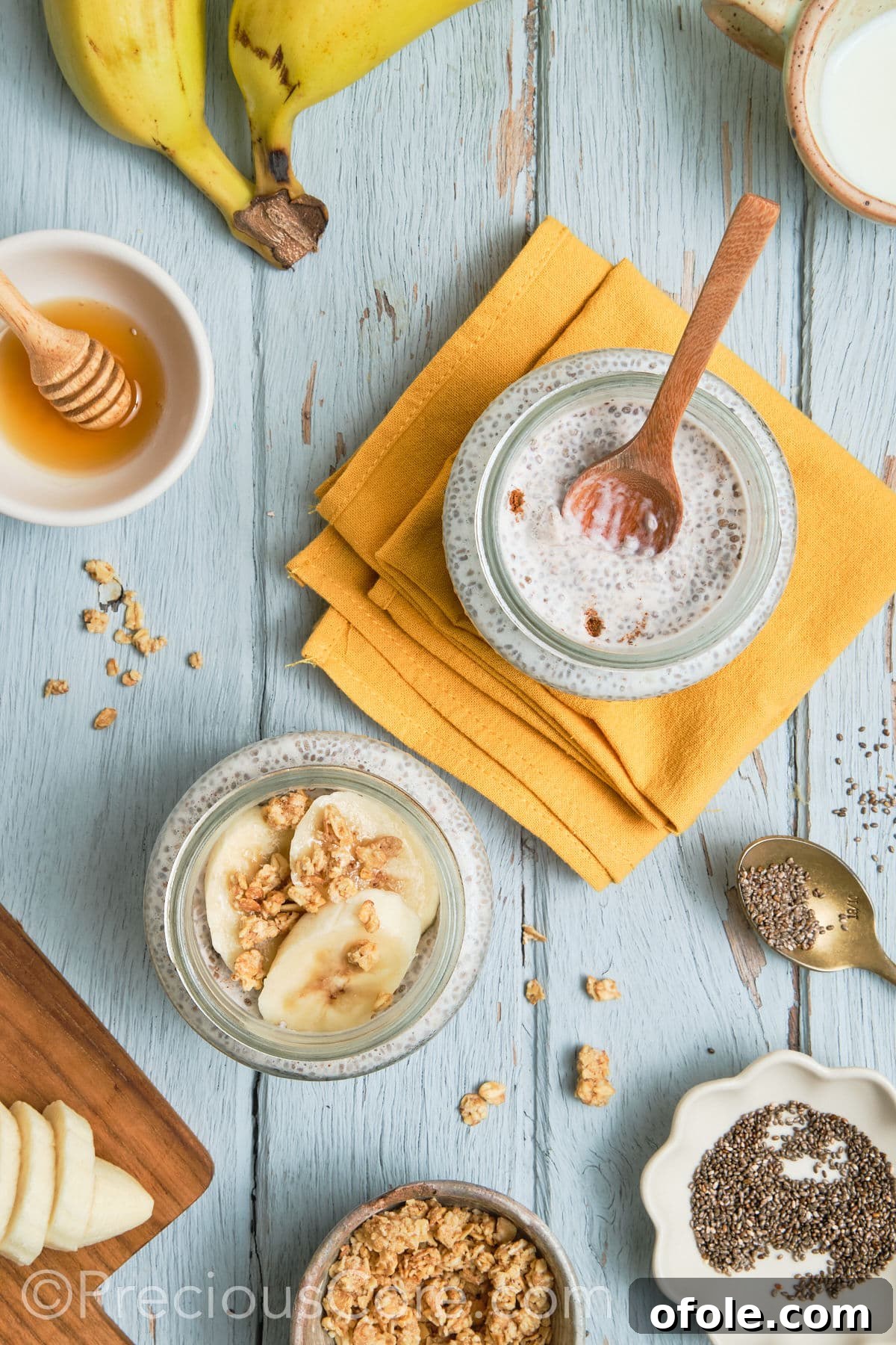 Close-up view of perfectly set banana chia pudding, showcasing its rich texture.
