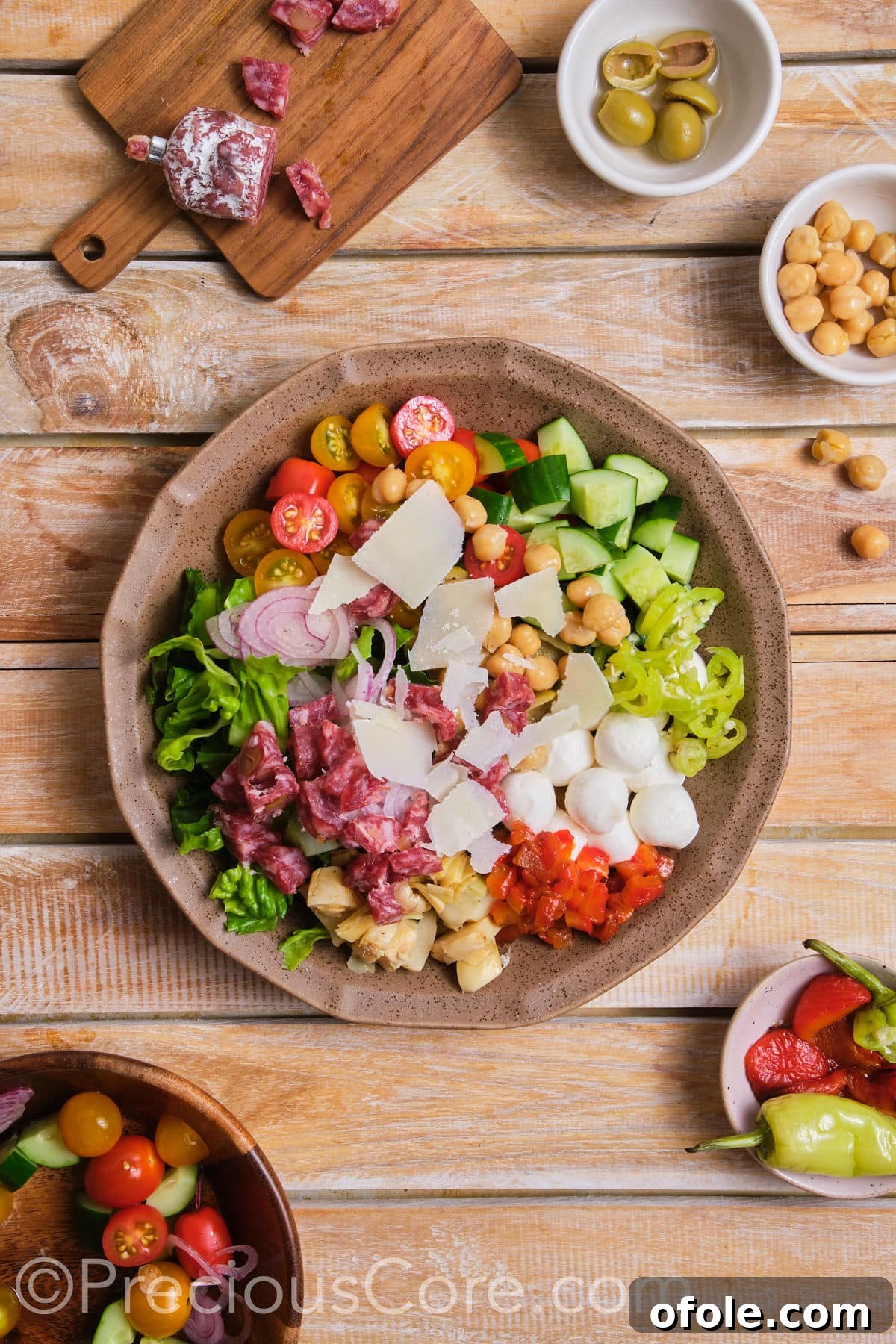 Antipasto Chopped Salad 9 All salad ingredients placed together in a large mixing bowl.