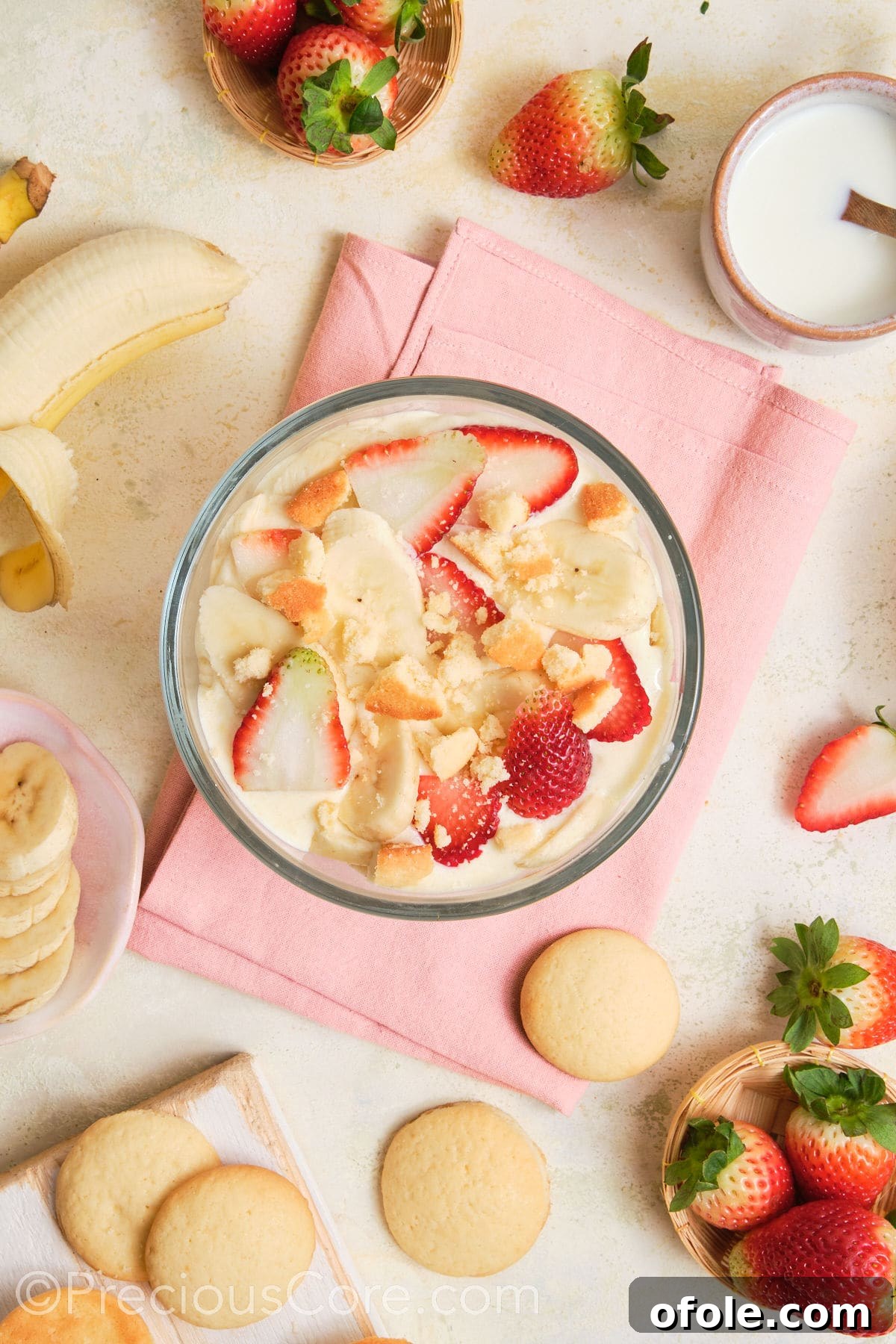 Dreamy Strawberry Banana Pudding 15 Crushed vanilla wafer cookies sprinkled generously over the top layer of strawberry banana pudding, adding a delightful crunch.