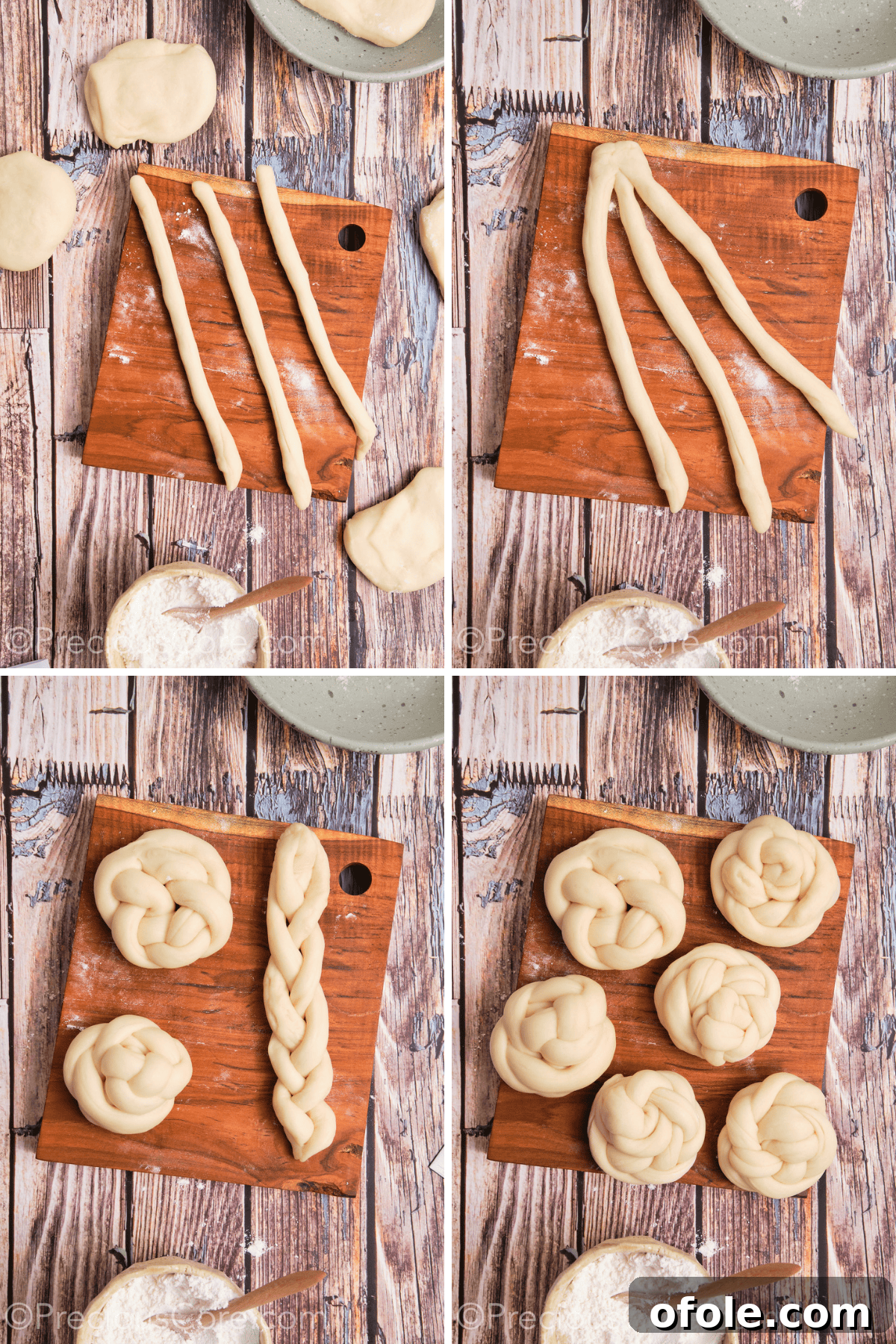 Shaping individual challah dough portions into braided knots.