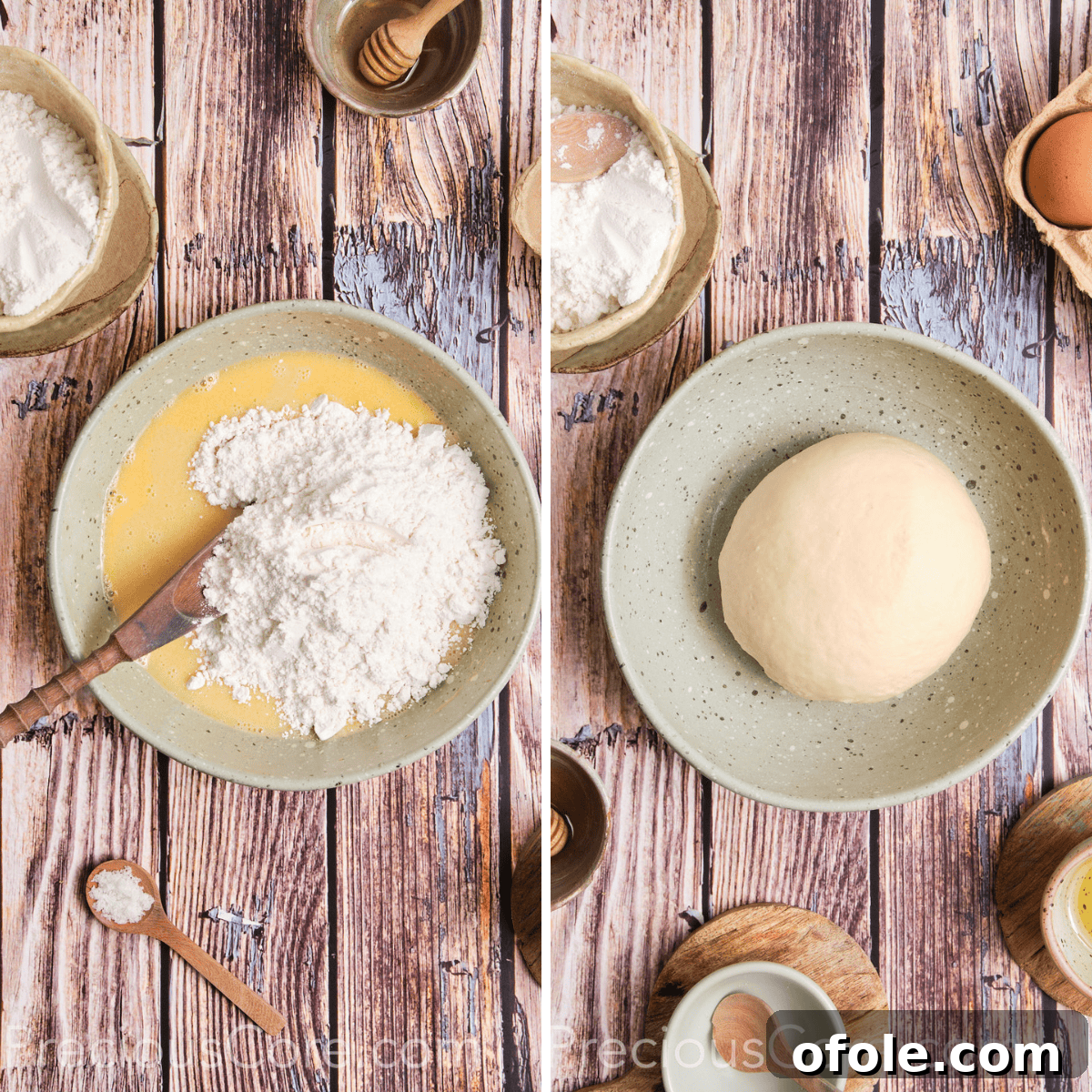 Adding flour and salt, then mixing and kneading the challah dough.