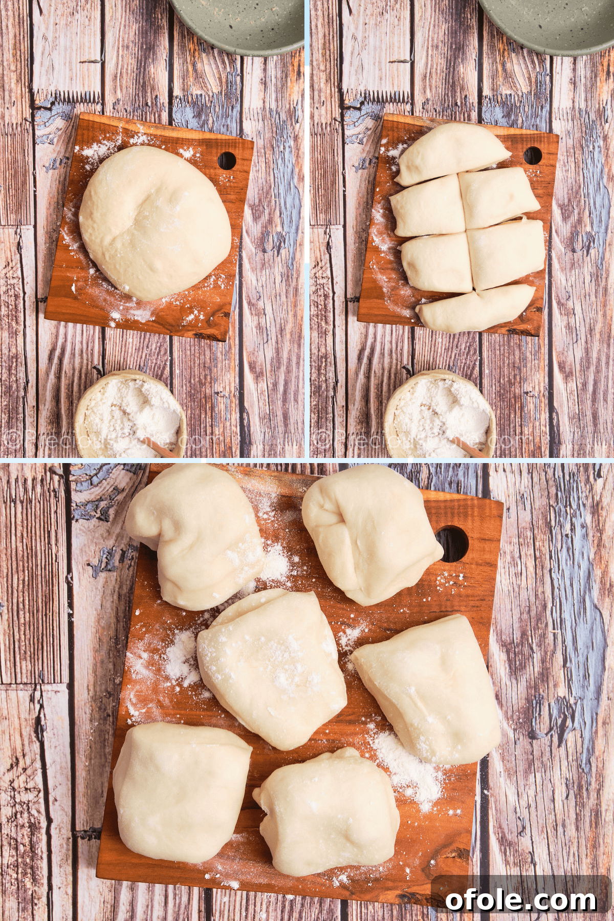 Cutting challah dough into 12 equal portions on a floured surface.