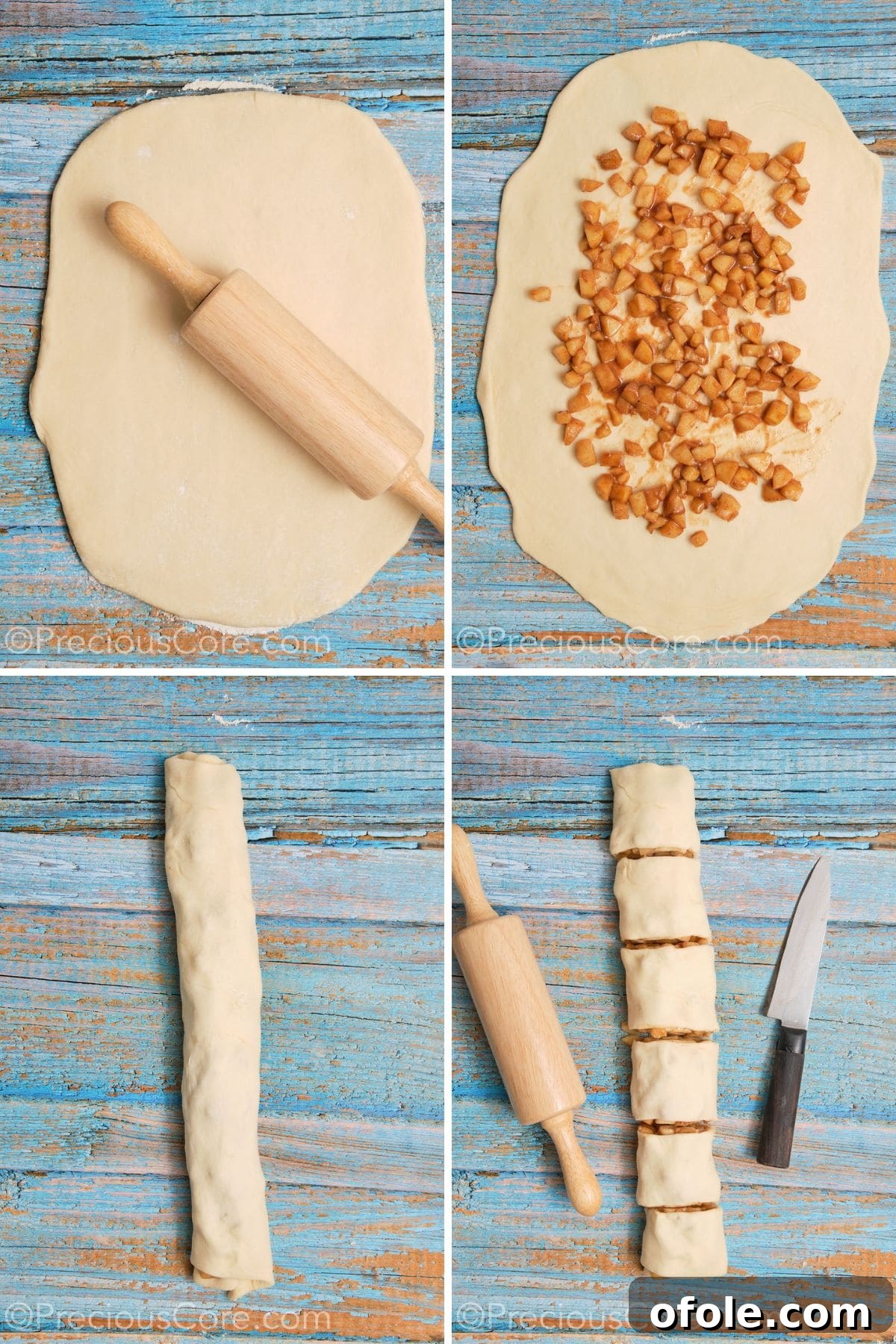 Step-by-step pictorial guide showing the process of rolling out dough, spreading apple filling, rolling it into a log, and finally slicing it into individual cinnamon rolls.