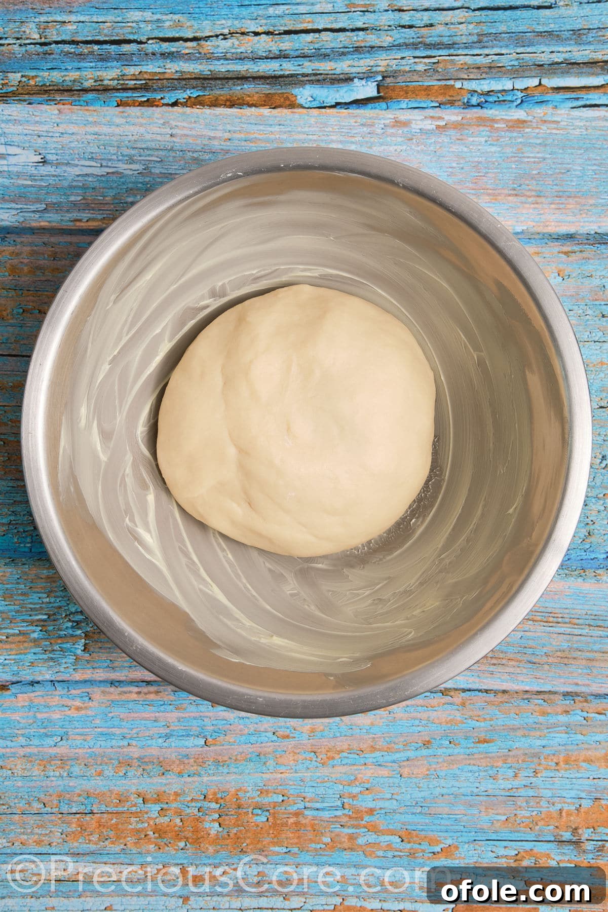 Smooth, freshly kneaded dough resting in a buttered mixing bowl, covered for its first rise.
