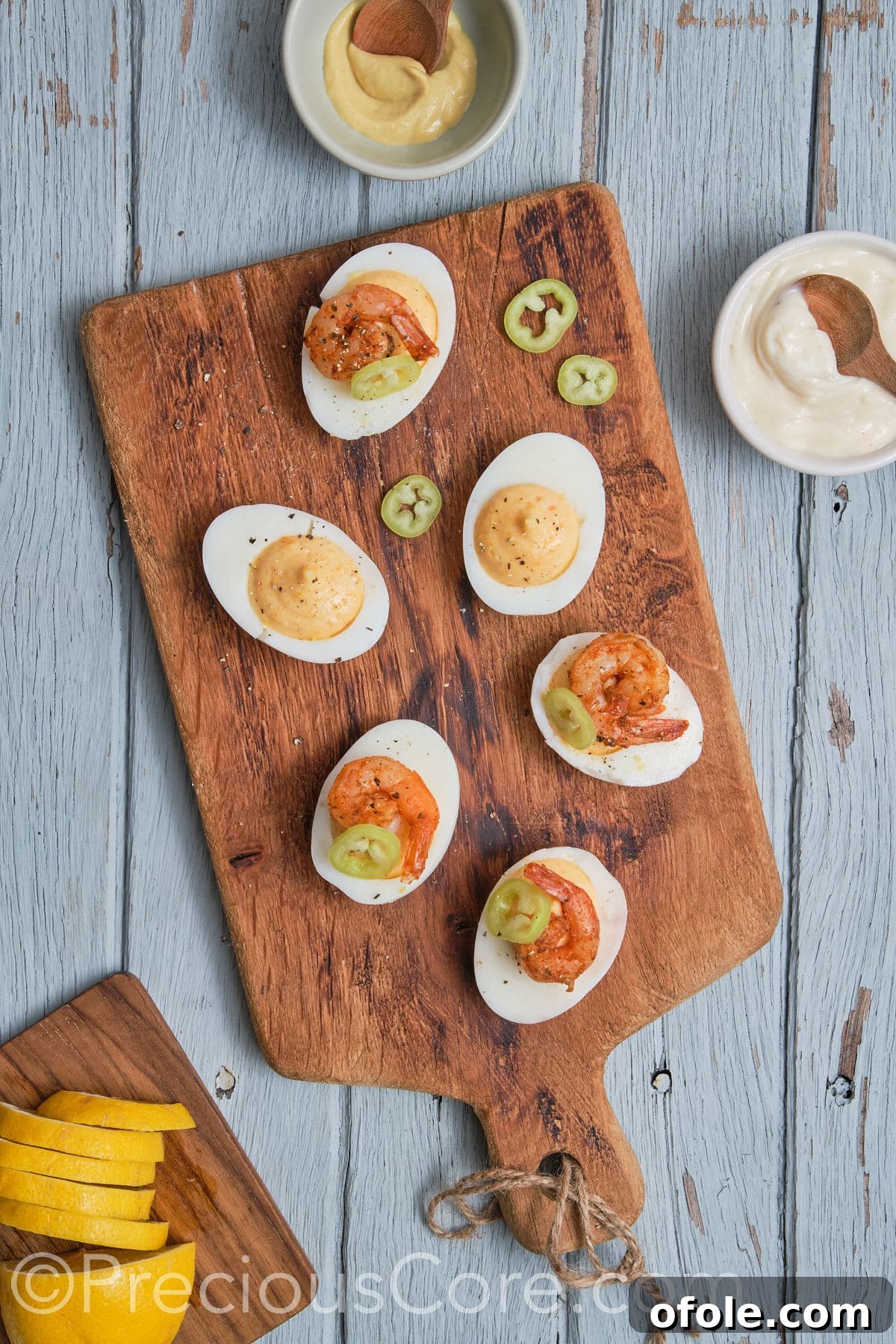 Cajun Shrimp Deviled Eggs 22 devilled eggs topped with jalapeno.