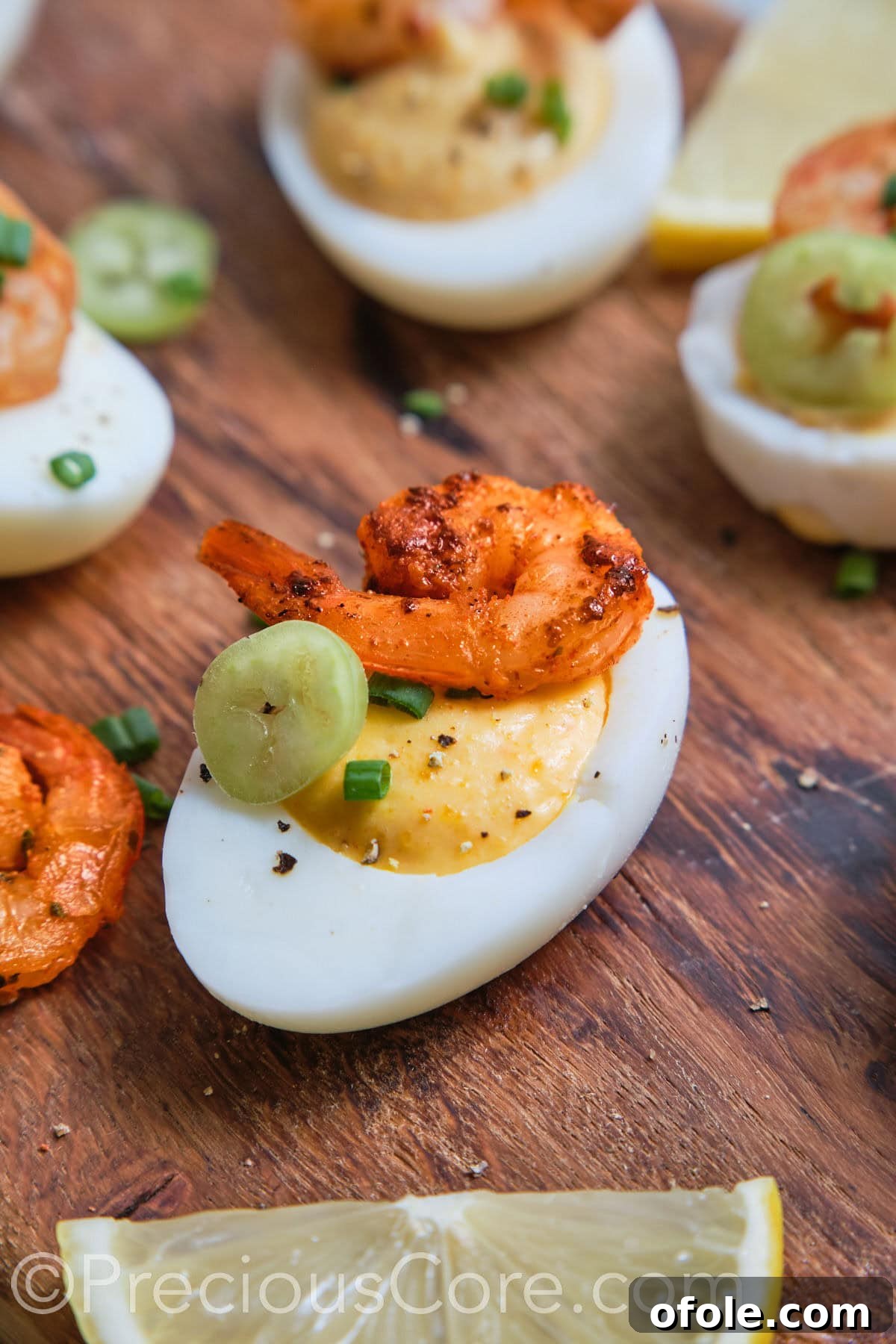 Cajun Shrimp Deviled Eggs 4 Deviled Egg close up with shrimp and jalapeno.