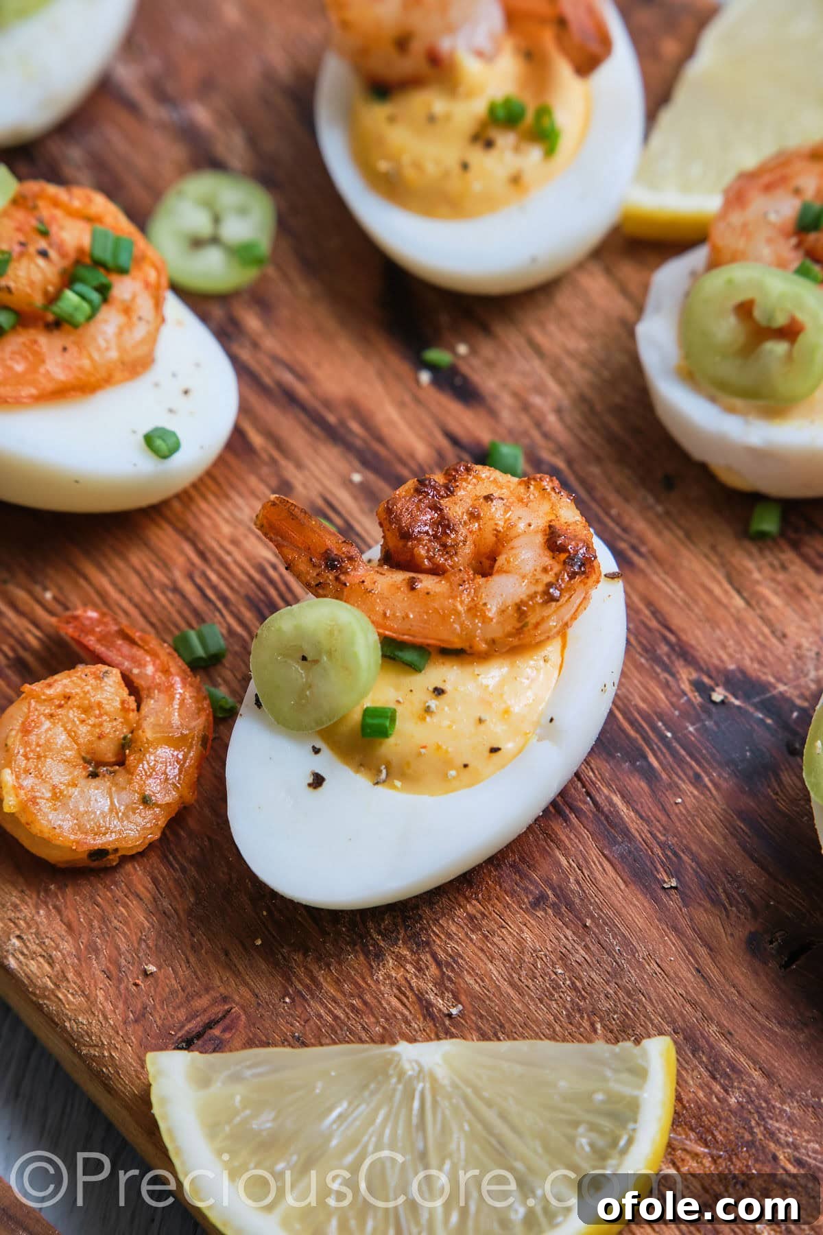 Cajun Shrimp Deviled Eggs 6 Close-up of a deviled egg topped with shrimp.
