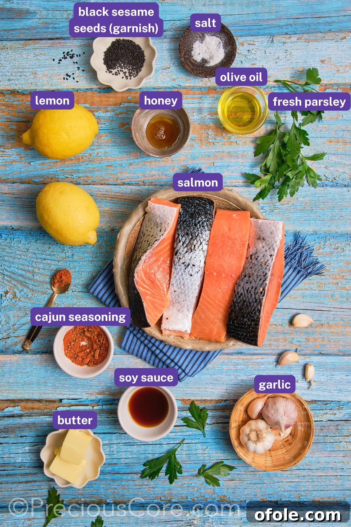 Cajun honey butter salmon ingredients neatly arranged with labels.