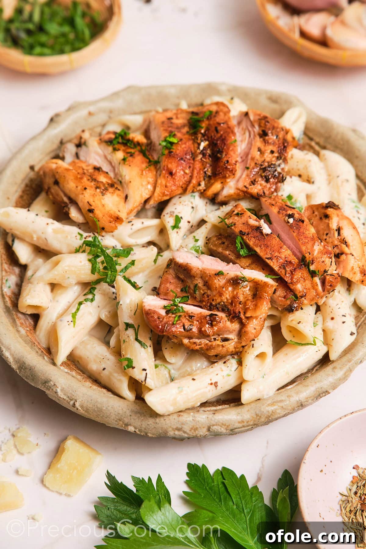 One Pot Wonder Creamy Chicken Pasta 2 Creamy pasta in a bowl, topped with pan-seared chicken.