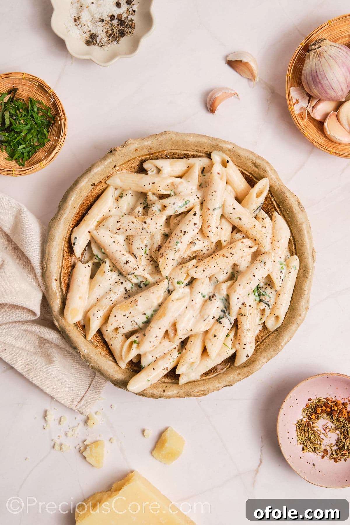 One Pot Wonder Creamy Chicken Pasta 18 Creamy pasta served in a bowl.
