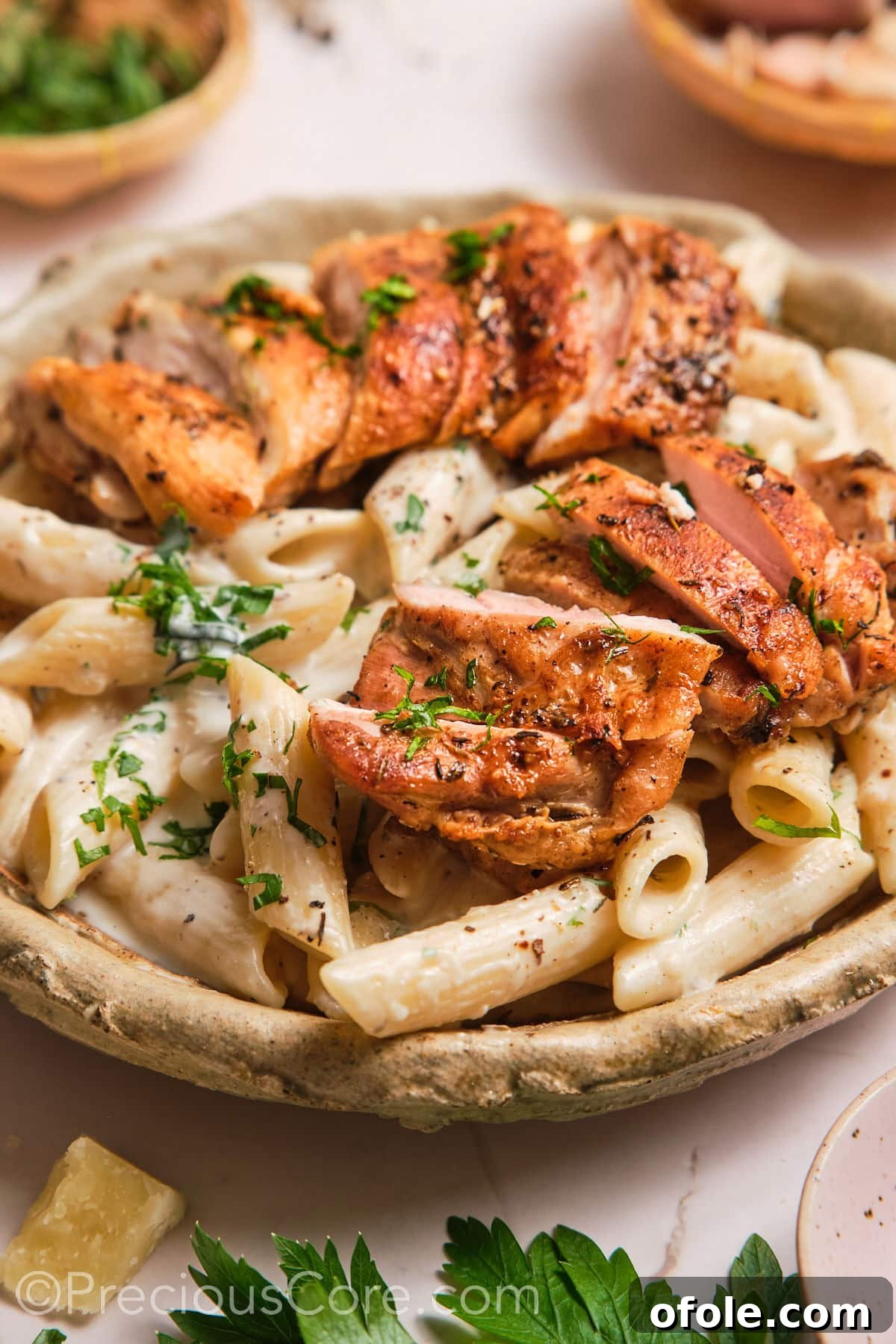 One Pot Wonder Creamy Chicken Pasta 3 One pot creamy pasta chicken in a bowl.