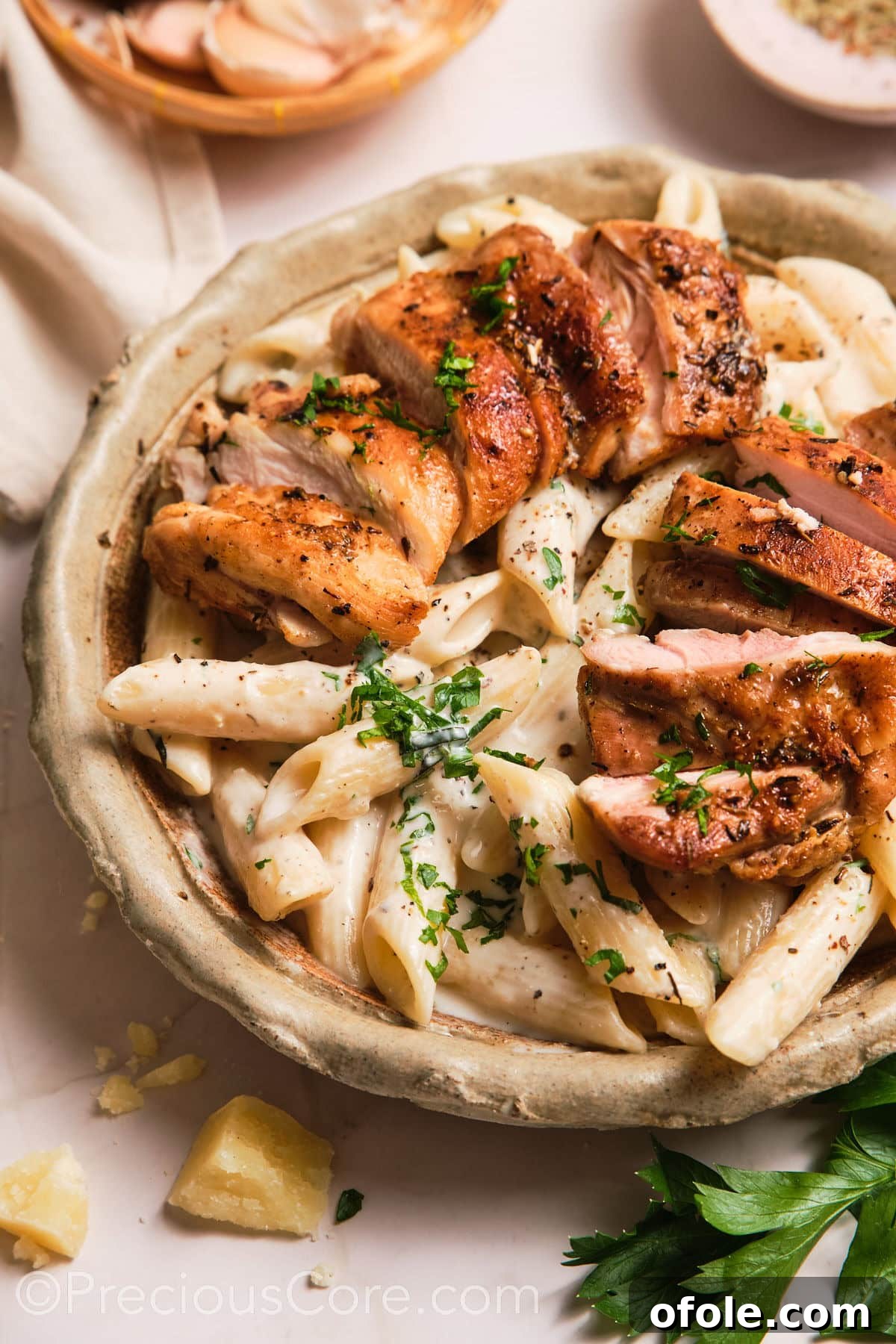 One Pot Wonder Creamy Chicken Pasta 5 Close-up shot of a bowl of creamy pasta.