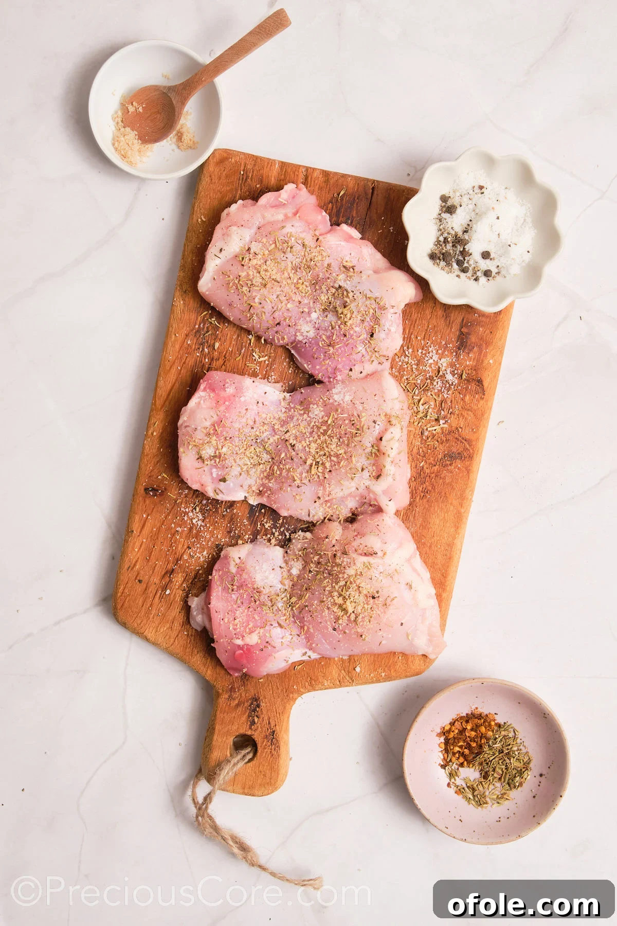 One Pot Wonder Creamy Chicken Pasta 7 Seasoning chicken on a chopping board.