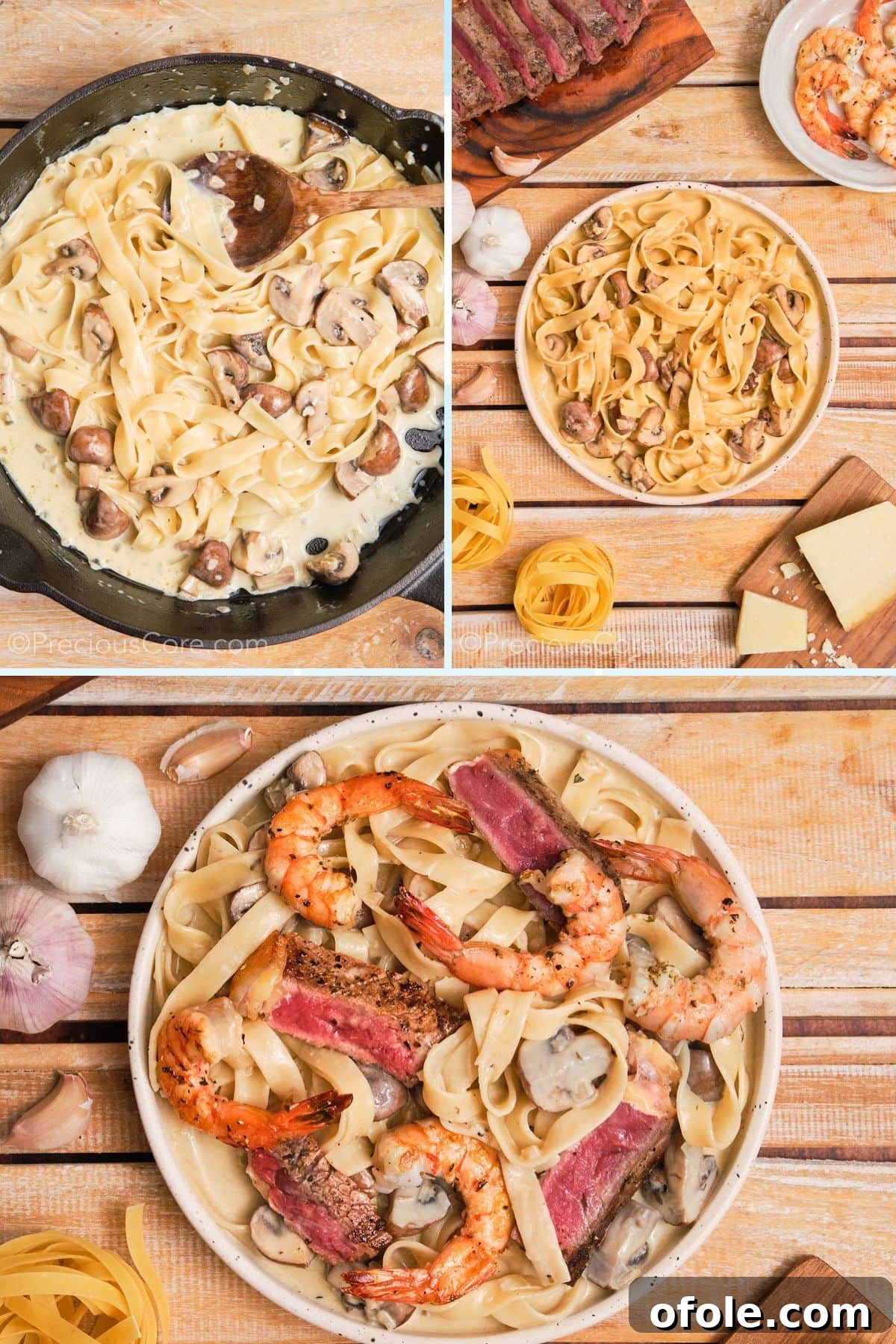 Land and Sea Pasta 12 Tossing pasta in creamy sauce and serving.