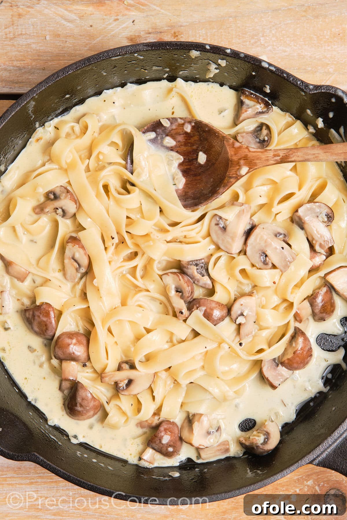Land and Sea Pasta 3 Creamy tagliatelle pasta in a pan.