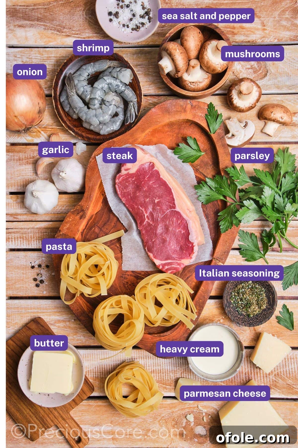 Land and Sea Pasta 5 Shrimp and steak pasta ingredients labeled.