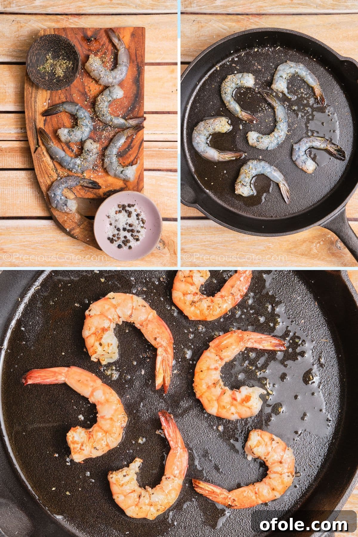 Land and Sea Pasta 8 Collage showing seasoning and cooking shrimp.